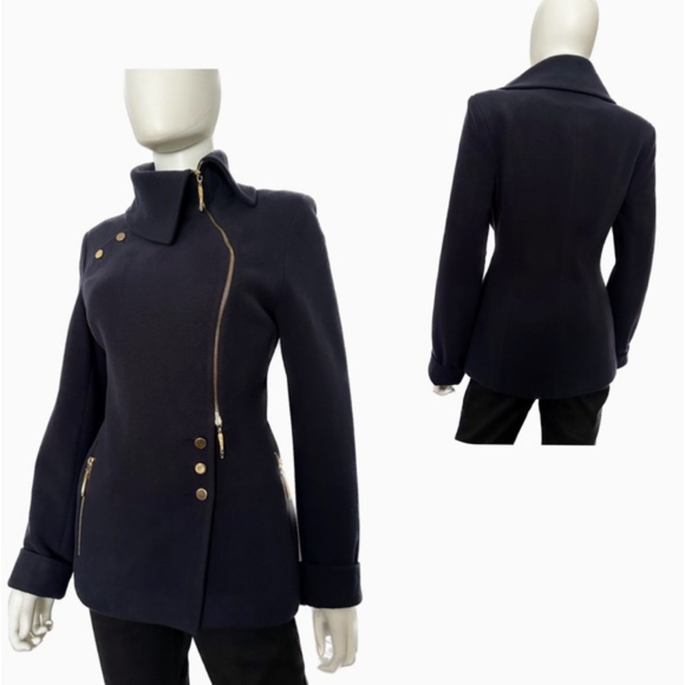 SALE💥WOMEN‎ WINTER COAT WOOL BLEND ASYMMETRIC ZIPPED/BUTTONED FRONT JACKET NAVY